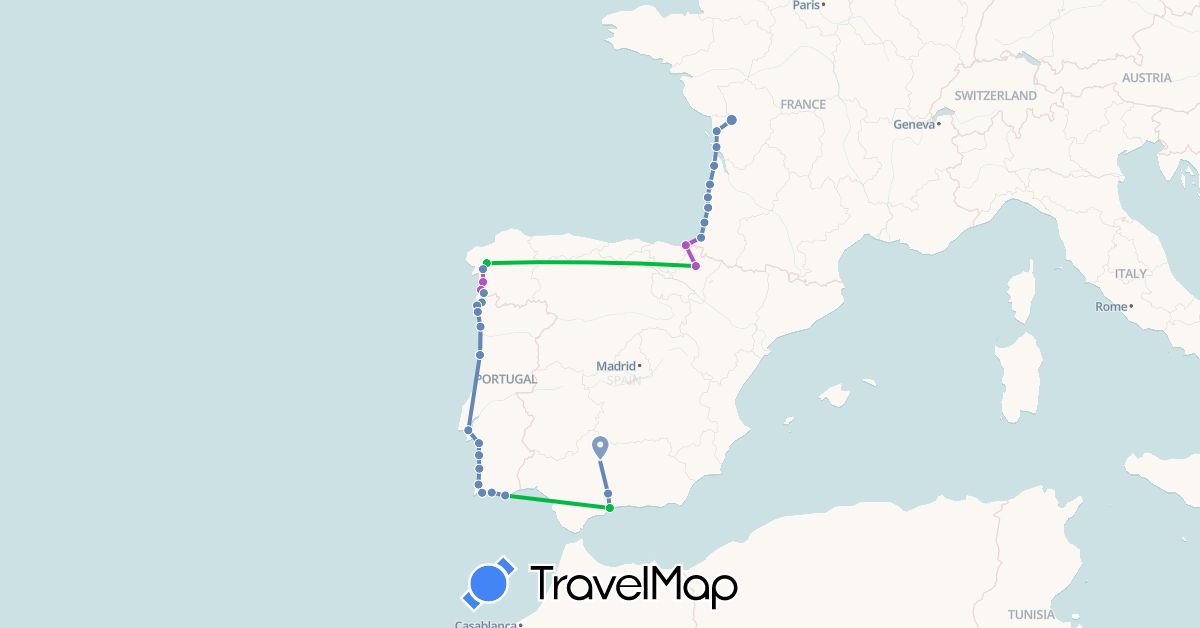 TravelMap itinerary: driving, bus, cycling, train in Spain, France, Portugal (Europe)